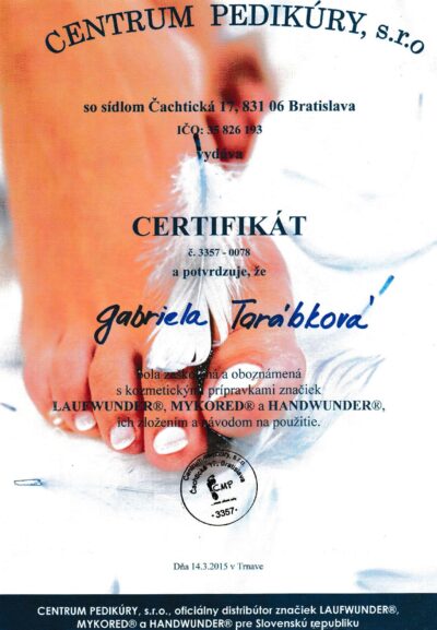Gabriela Tarabkova - Certifikat o absolvovani dplnoveho odborneho kurzu profesionalnej pedikury